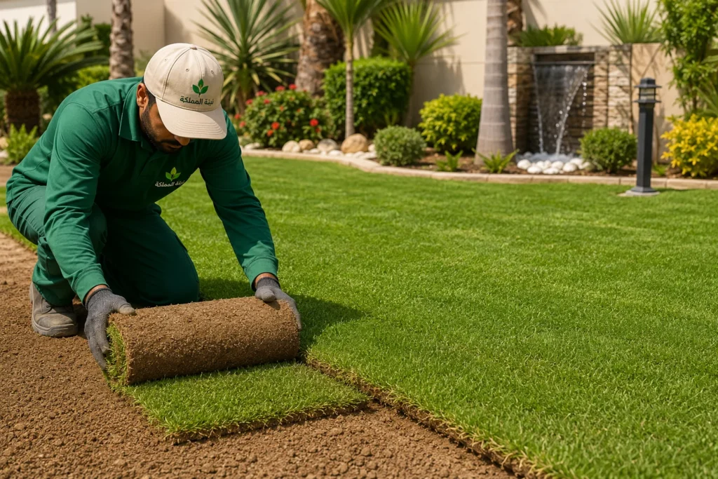 تركيب رولات الثيل الطبيعي بالرياض بعد تجهيز التربة